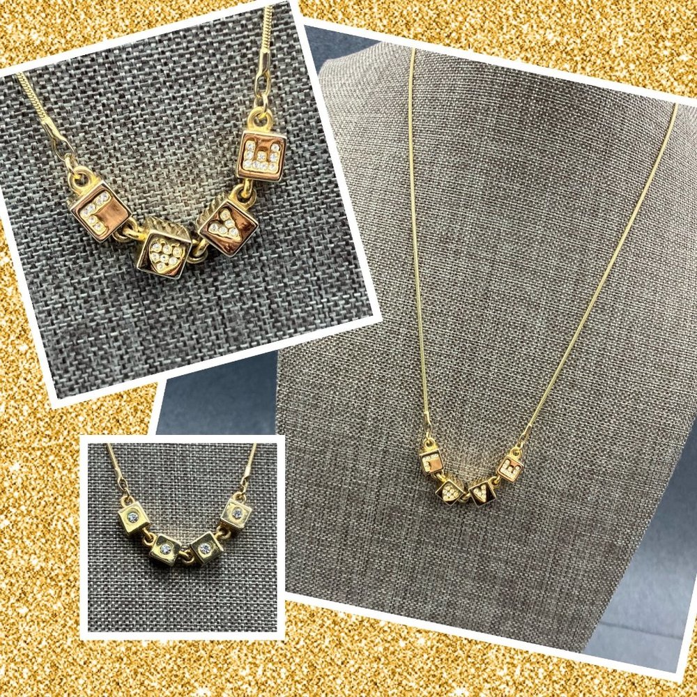 L O V E Cube Bead Necklace Gold 16 Inches Slinky Gold Chain Rhinestone Retro